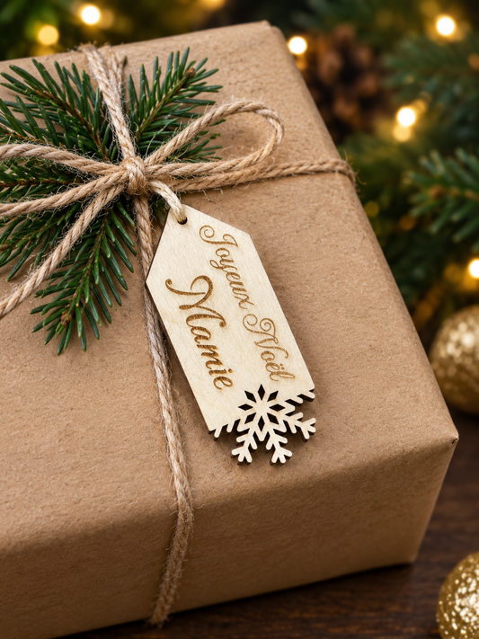 Étiquette de Noël en Bois Personnalisée - Prénom Gravé Main