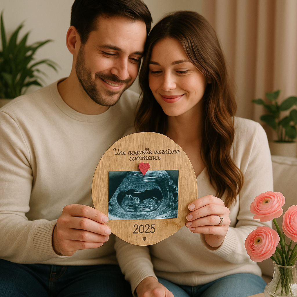 couple annonce sa grossesse avec un disque en bois qui tient une échographie : une nouvelle aventure commence