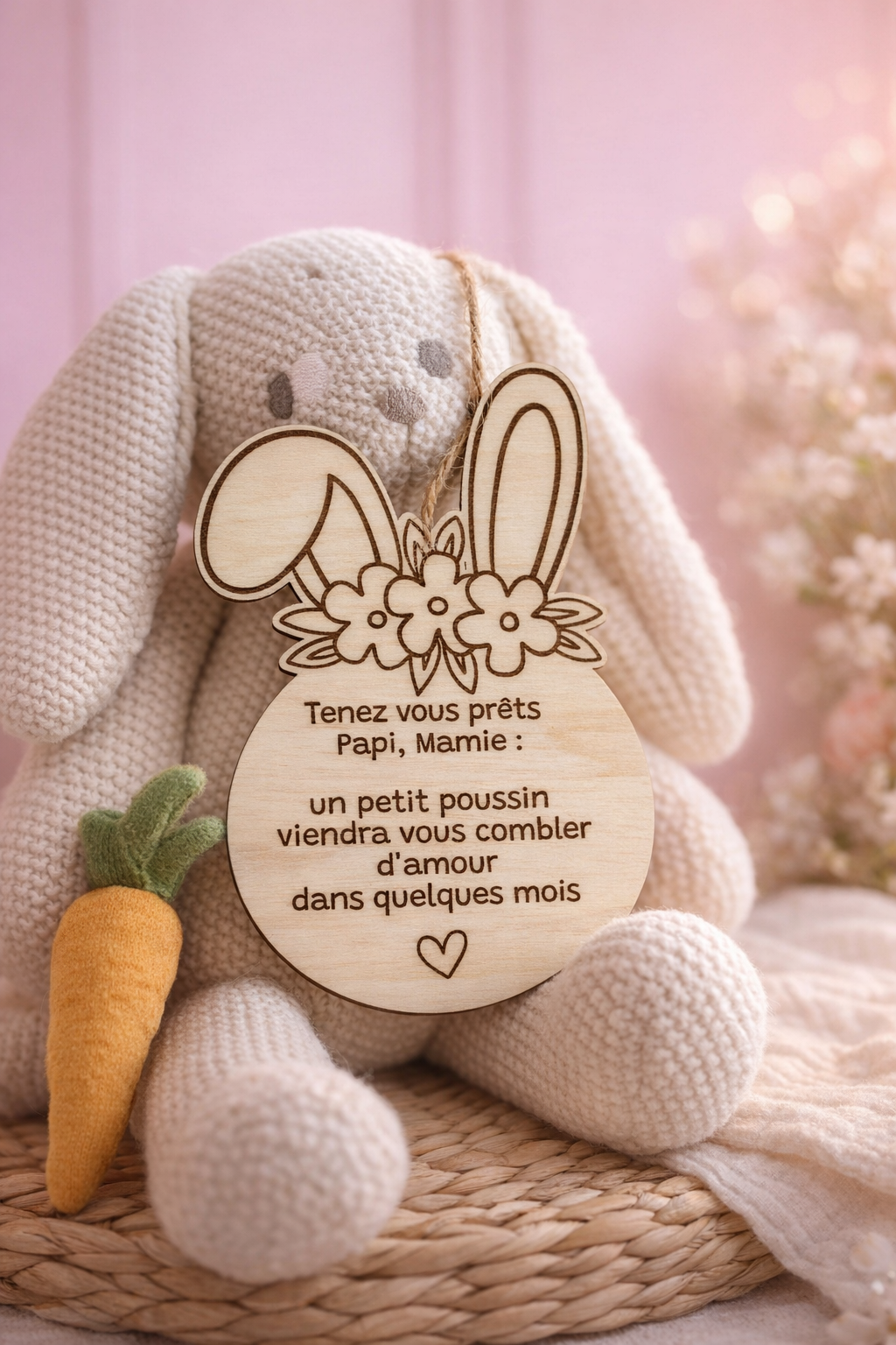 Carte annonce grossesse en bois – Lapin de Pâques – annonce papi mamie