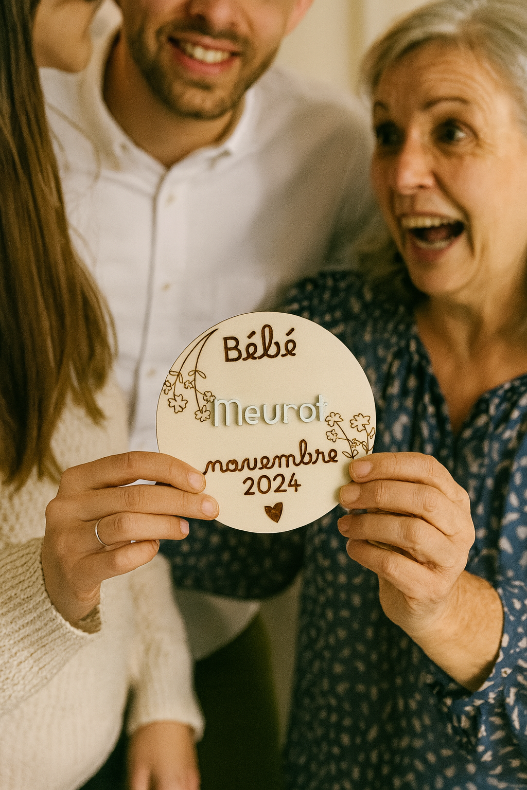 Un jeune couple tend une carte ronde en bois gravée avec l’inscription “Bébé Meurot novembre 2024” à une femme plus âgée qui sourit largement de surprise et d’émotion