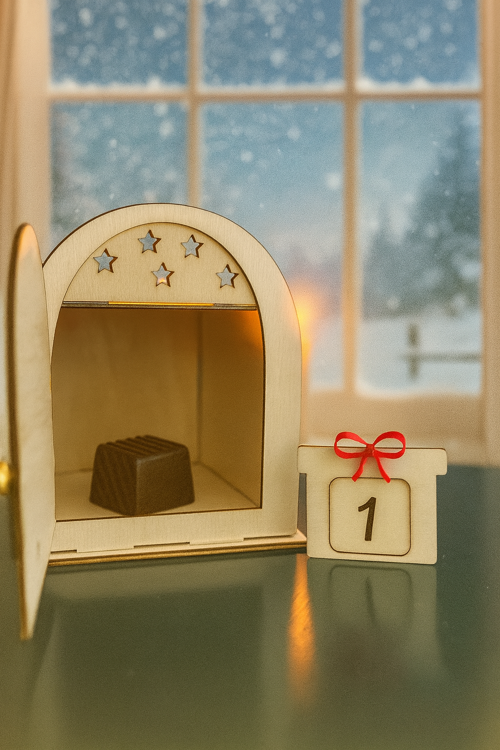 calendrier de l'avent en bois en forme de boîte qui représente l'atelier du père Noël