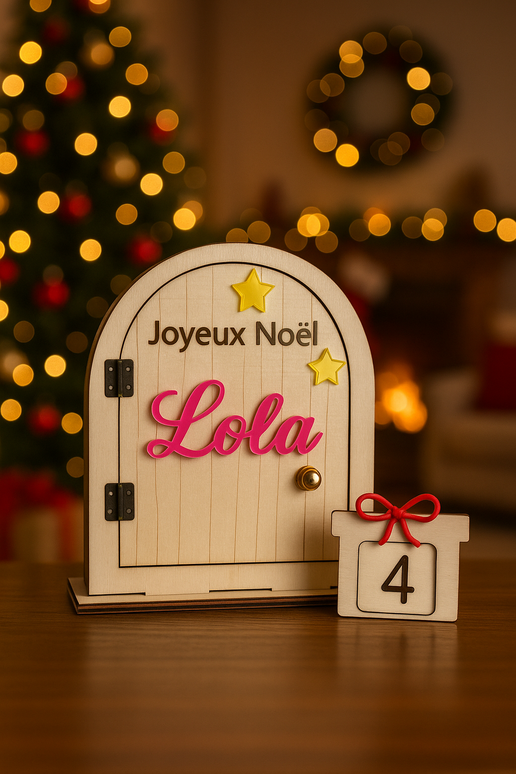 un calendrier de l'avent personnalisé avec le prénom "lOLA" EN PLEXIGLAS ROSE. Et un calendrier en forme de cadeau avec numéro interchangeable.