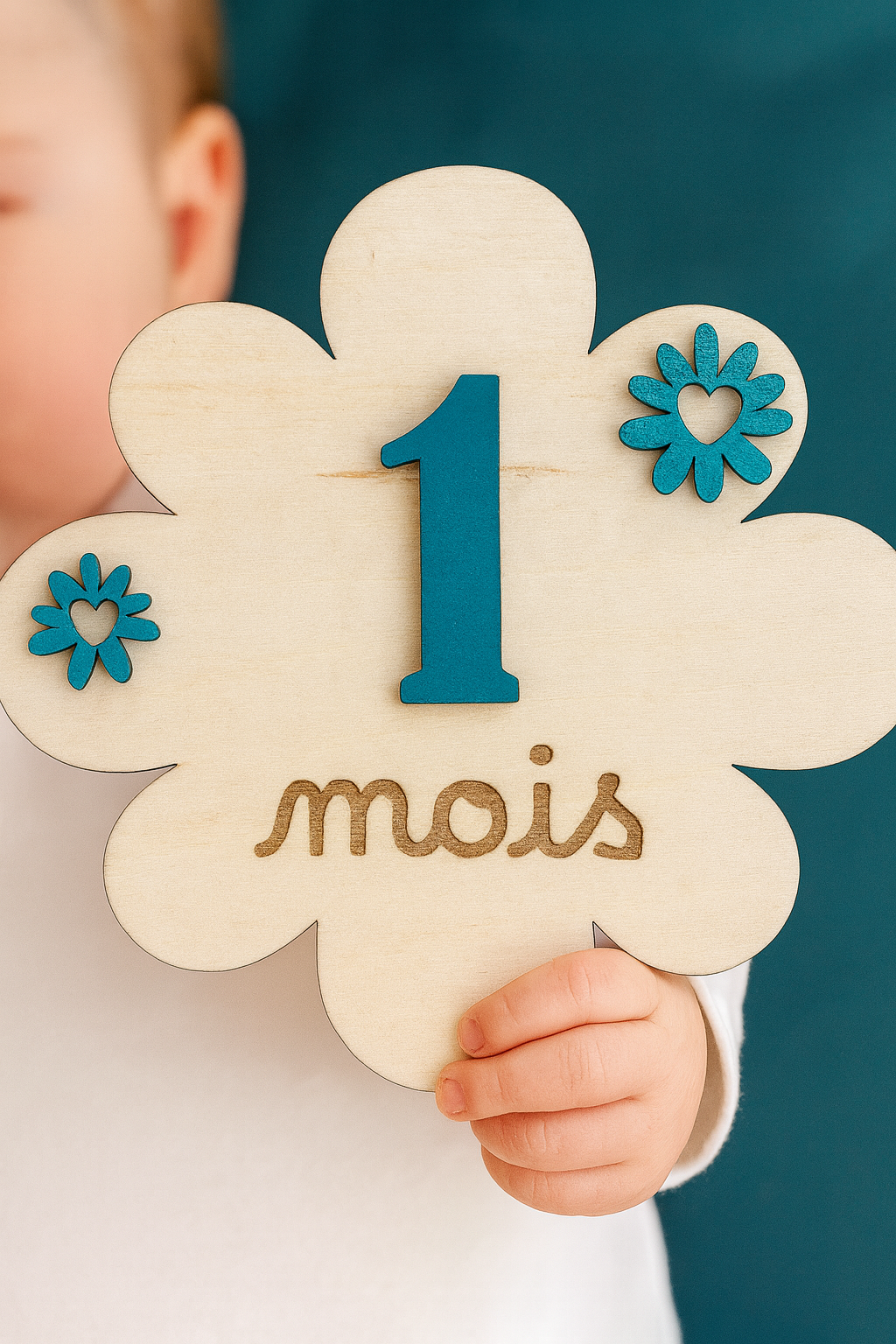 une carte en forme de fleur en bois, 1 et 2 fleurs bleus fixés sur la carte et "mois" gravés, la carte étape est tenue par un bébé