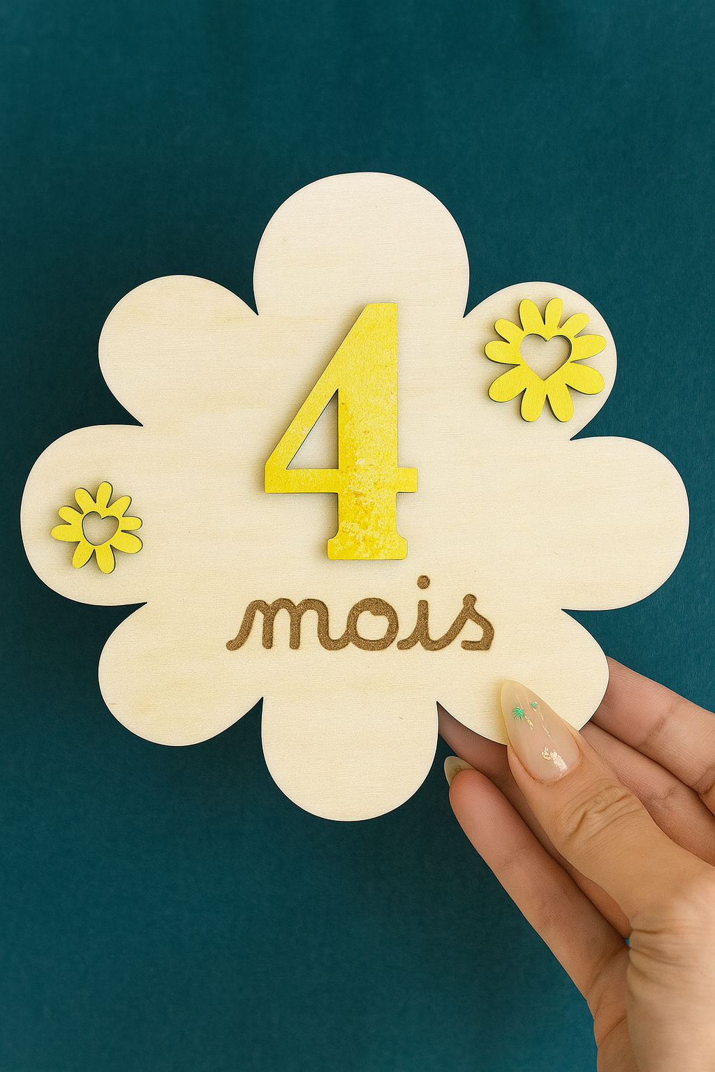 une carte étape 4 mois en forme de fleur et en bois. le 4 et les petites fleurs décoratives fiés dessus sont peints en jaune