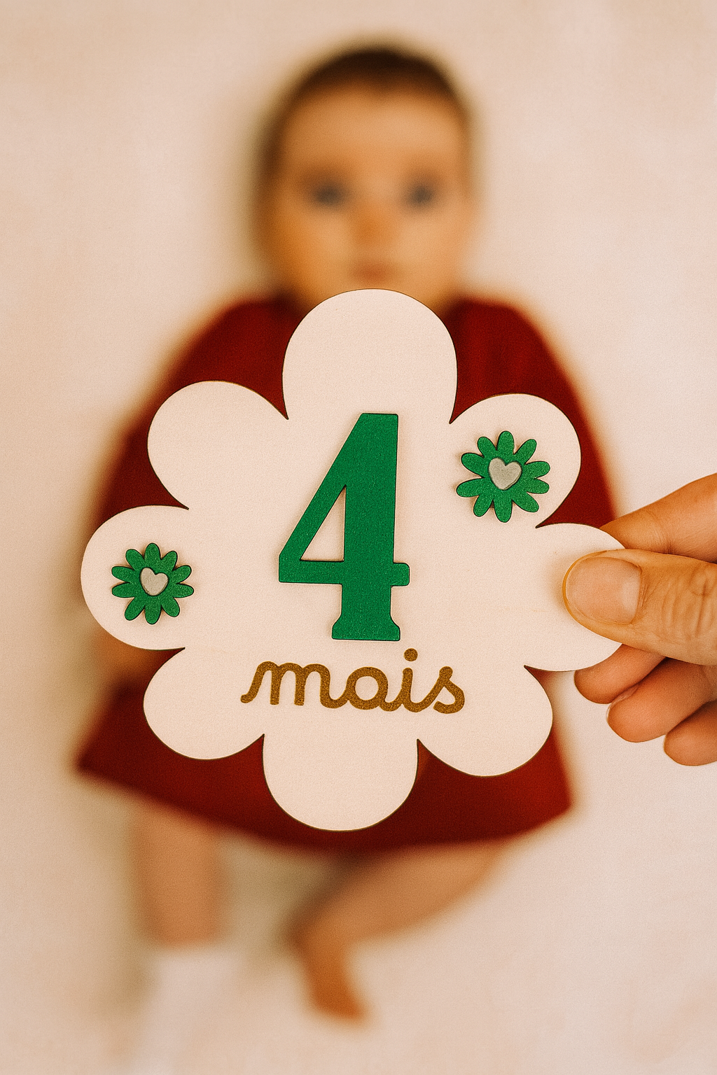 une carte en bois en forme de fleur avec peint en vert et fixé : 2 petites fleurs et "4" puis "mois" gravés; En dessous, allongée, une fille de 4 mois floutée qui porte une robe rouge