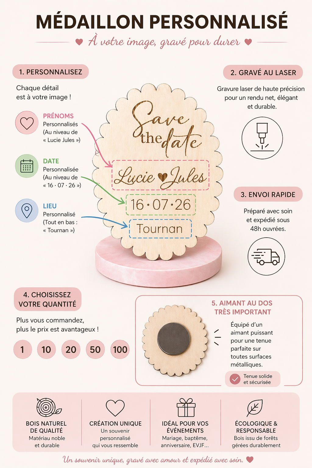 Save the date mariage personnalisé en bois aimanté – Invitation mariage originale & souvenir invité