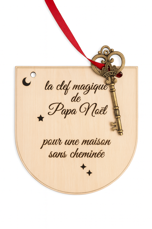 magique du Père Noël en bois, décorée d’un ruban rouge et d’une clé dorée, idéale pour les maisons sans cheminée.