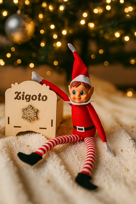 lit du lutin farceur personnalisé avec prénom du lutin farceur "zygote" et un lutin posé contre le lit monté en kit