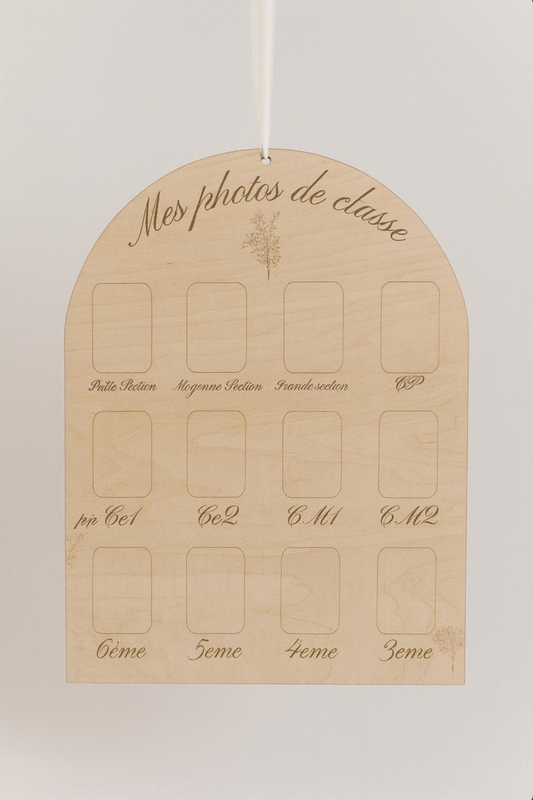 « Mes photos de classe » – Panneau souvenirs scolaires en bois, personnalisable