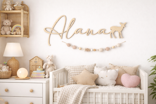 prénom en bois découpé au laser et se terminant par un faon, prénom "Alana" posé sur un mur blanc, au dessus d'une guirlande dans une chambre de petite fille