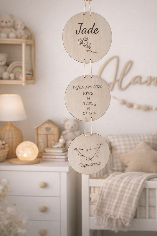 suspension de 3 disques en bois gravés. premier disque : le prénom du bébé, jade et une fleur, 2 eme disque : la date de naissance, l'heure de naissance, le poids et la taille de naissance gravés. 3 eme disque : le signe astrologique et la constellation gravés. Les 3 disques sont reliés par une ficelle et la suspension est fixée dans une chambre de bébé