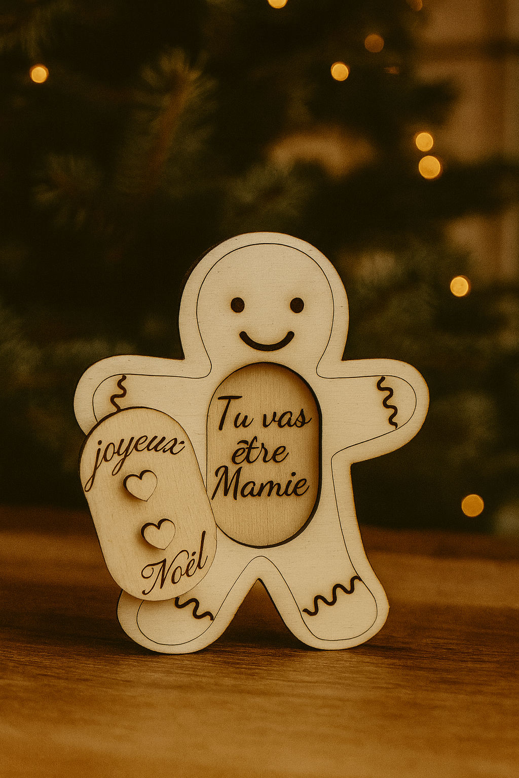 Annonce grossesse Noël : bonhomme en pain d'épice en bois gravé « Tu vas être mamie »
