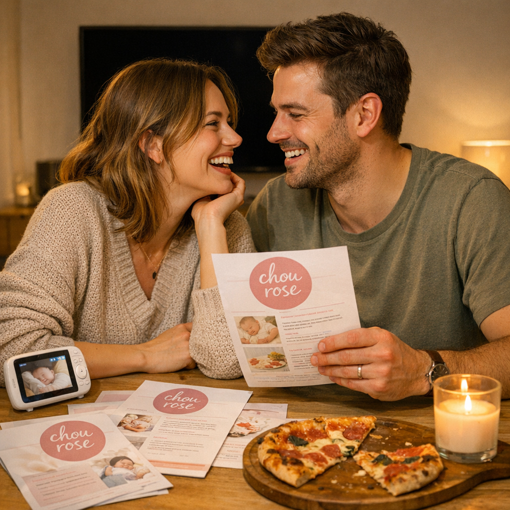couple amoureux qui profite d'une soirée romantique à la maison : ils tiennent des pages en mot estampillées chou rose, ils se sourient, pizza, bougies et abbyphone sur la table. en arrière plan la télé est éteinte