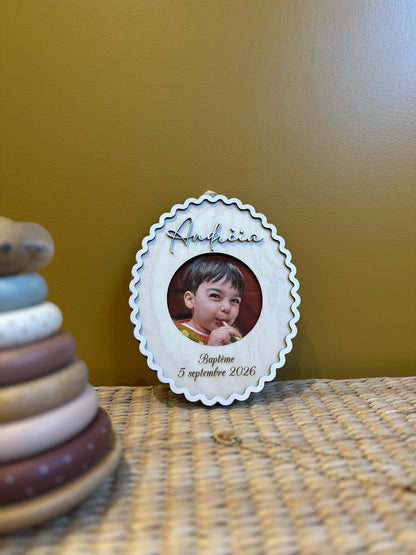 Médaillon photo baptême personnalise bois