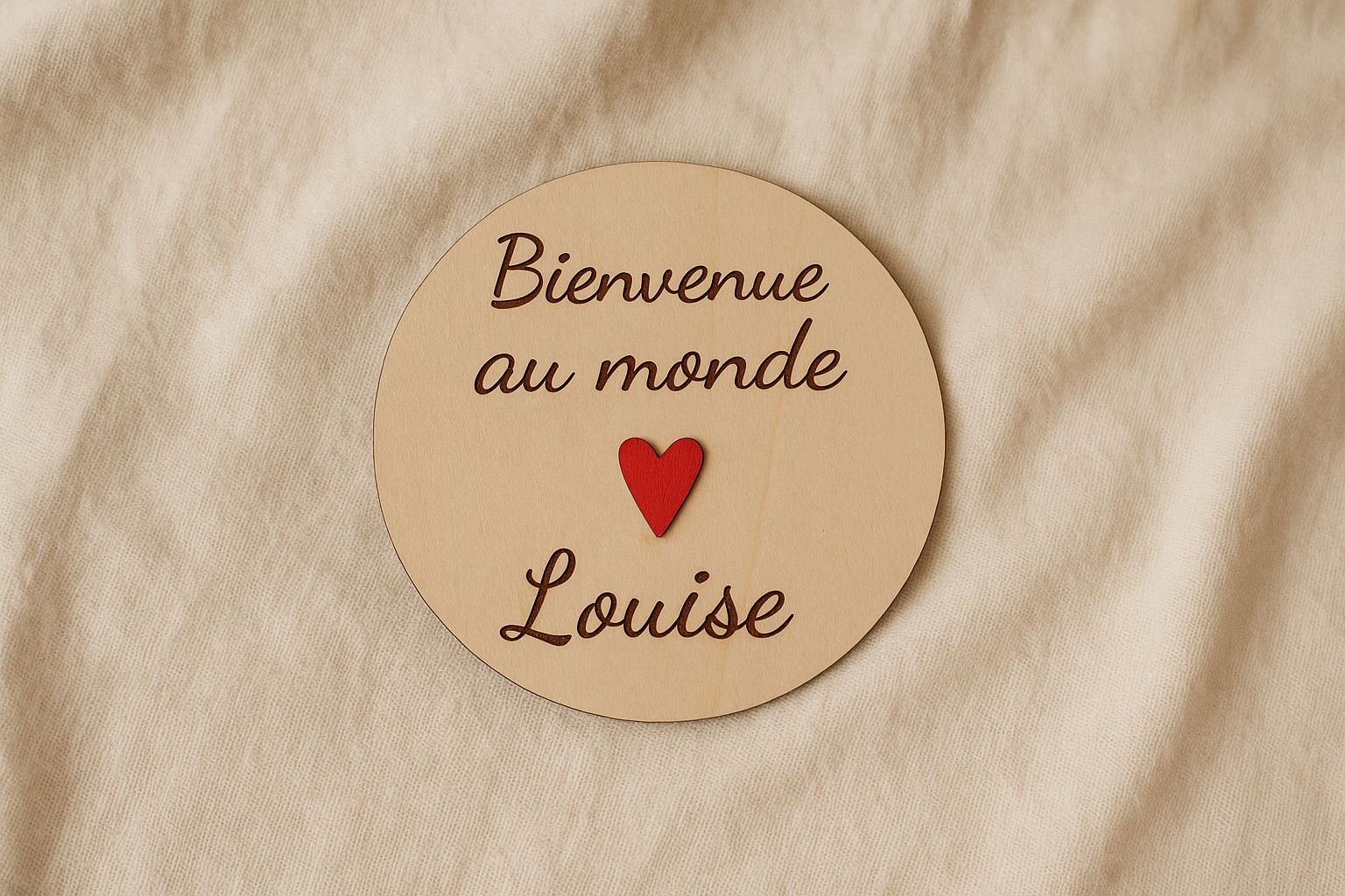 disque bienvenue au monde Louise avec un coeur peint en rouge et fixé au milieu de la carte en bois qui est posée sur un drap en lin