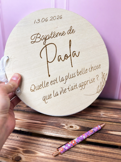 🌿 Livre d’or baptême personnalisé en bois – Prénom, citation ou message gravé