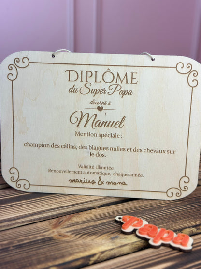 Diplôme Super Papa personnalisé en bois gravé