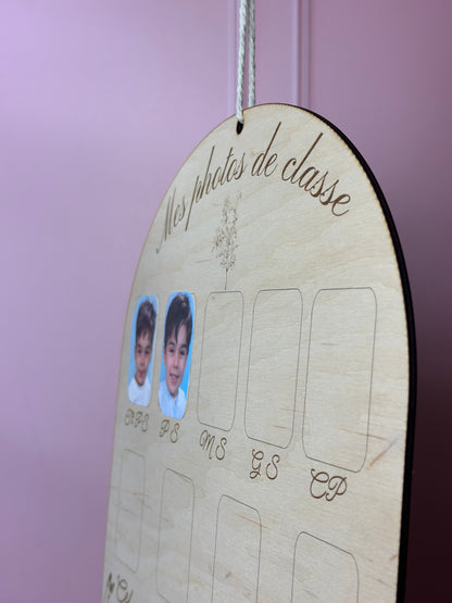« Mes photos de classe » – Panneau souvenirs scolaires en bois, personnalisable
