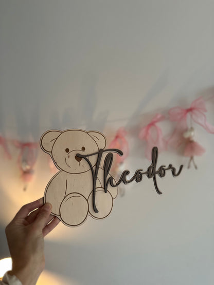 Prénom en Bois Personnalisé Ourson : Plaque de Porte & Décoration Chambre Enfant