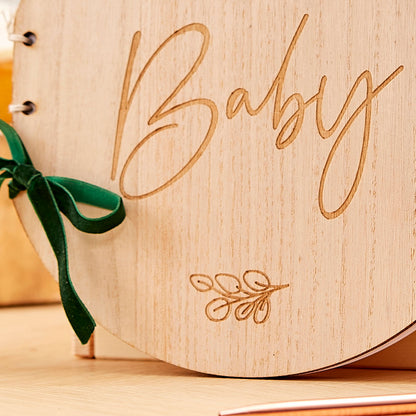livre d'or rond en bois avec cordon en velours, inscription  Baby