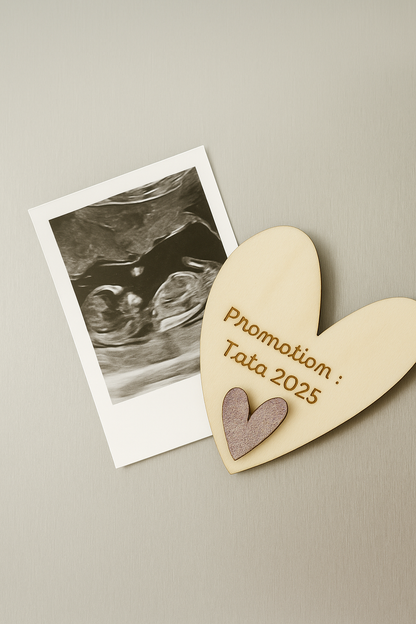 Magnet Annonce Grossesse en Bois – Forme Cœur Personnalisée