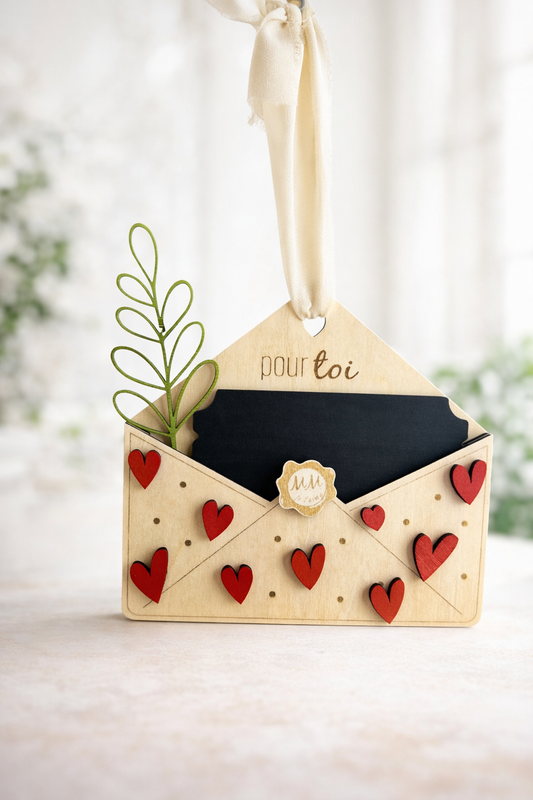 Enveloppe en bois personnalisée pour la saint Valentin avec une ardoise en forme de bon coucher glisser à l’intérieur pour y écrire des messages d’amour ou des cadeaux 