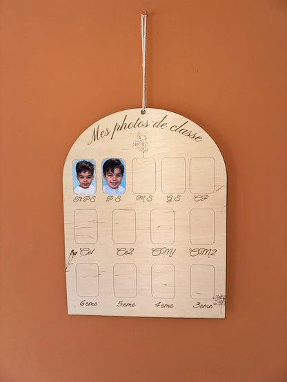 « Mes photos de classe » – Panneau souvenirs scolaires en bois, personnalisable