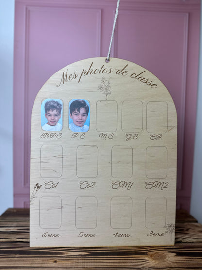 « Mes photos de classe » – Panneau souvenirs scolaires en bois, personnalisable