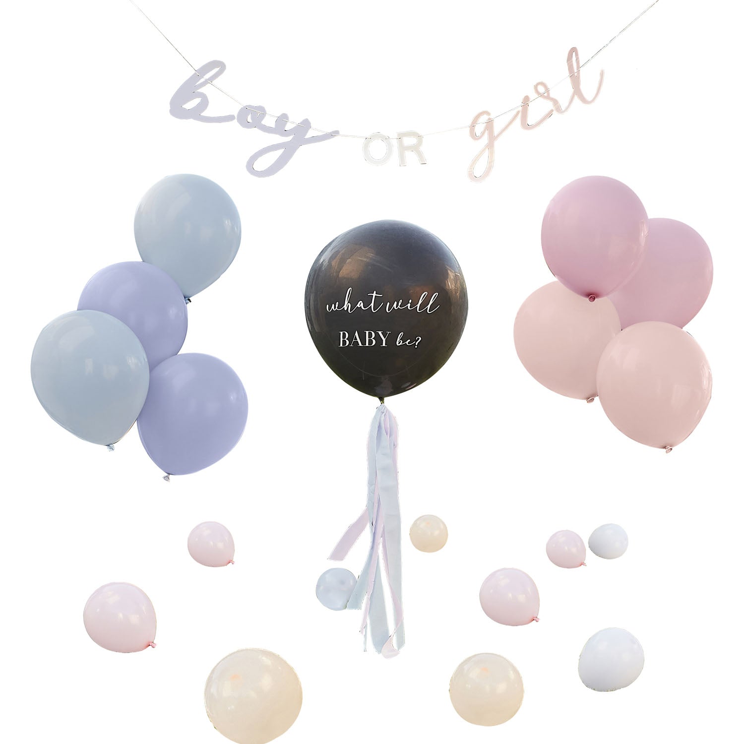 kit gender reveal : ballon avec confettis roses et bleus, petits ballons et guirlande boy or girl