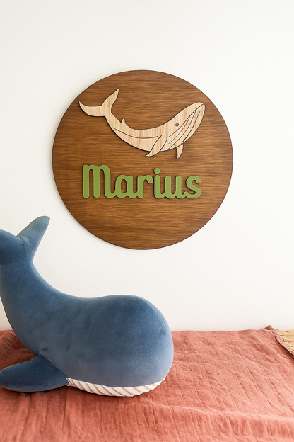 Suspension - Prénom en bois  chambre bébé - Motif Baleine