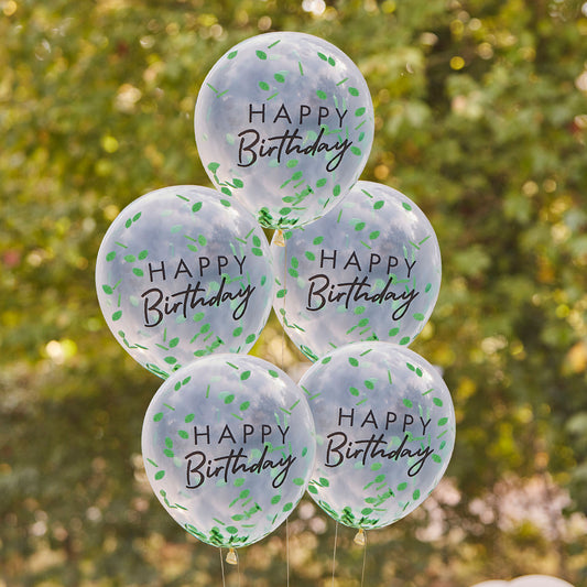 5 ballons Happy Birthday transparents avec confettis feuilles vertes