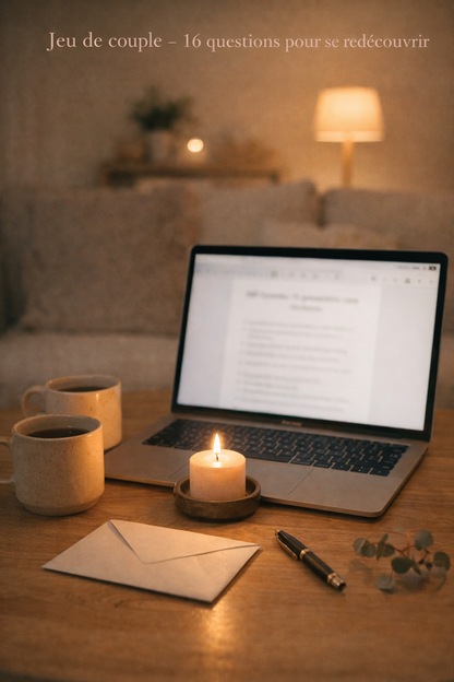 Ordinateur portable affichant un jeu de questions pour couples en format PDF avec bougie et tasses, activité couple à faire à la maison.