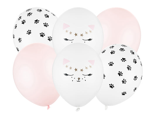 6 ballons motif chat: blanc noir rose et doré