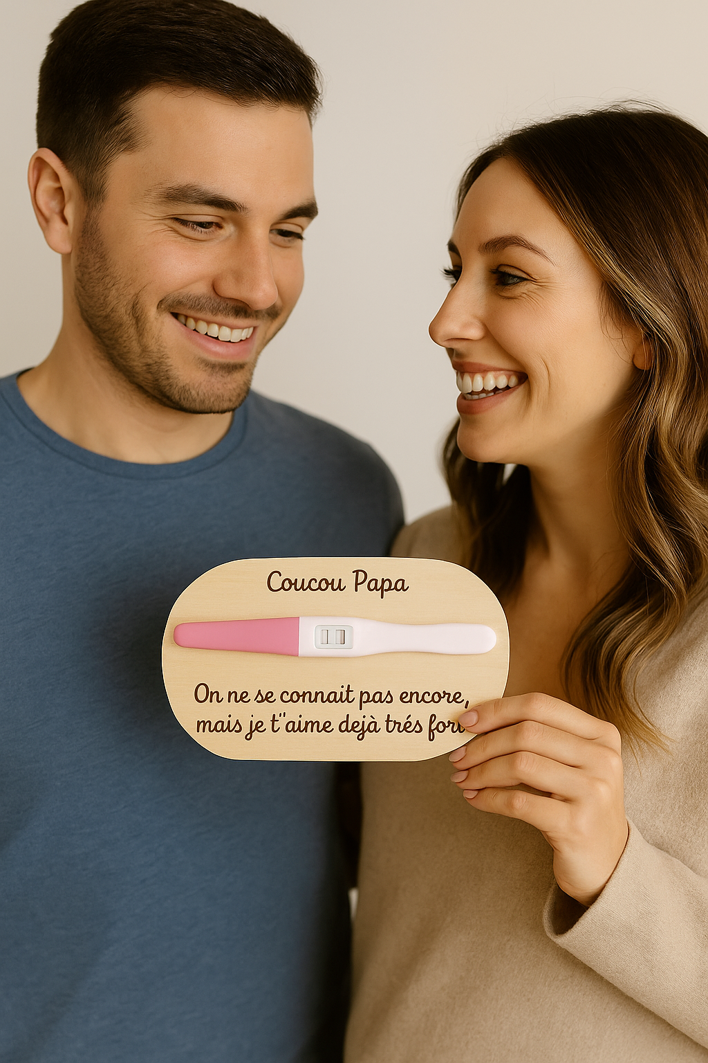 annonce grossesse coucou papa personnalisé avec un message gravé "on ne se connait pas encore, mais je t'aime déjà très fort" et test de grossesse collé, 
 carte tenue par une femme, son mari à côté souri