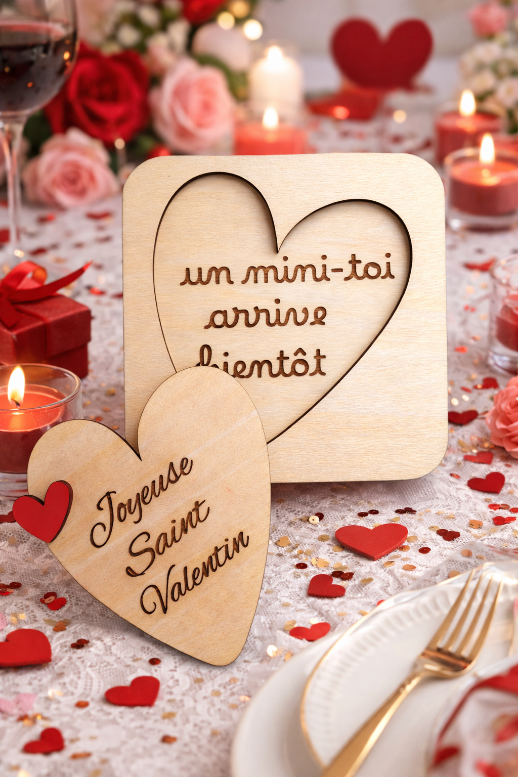 annonce grossesse spéciale saint Valentin en bois et en forme de coeur posé sur une table romantique : message gravé "un mini-toi arrive bientôt" et sur le couvercle à soulever "joyeuse saint Valentin"