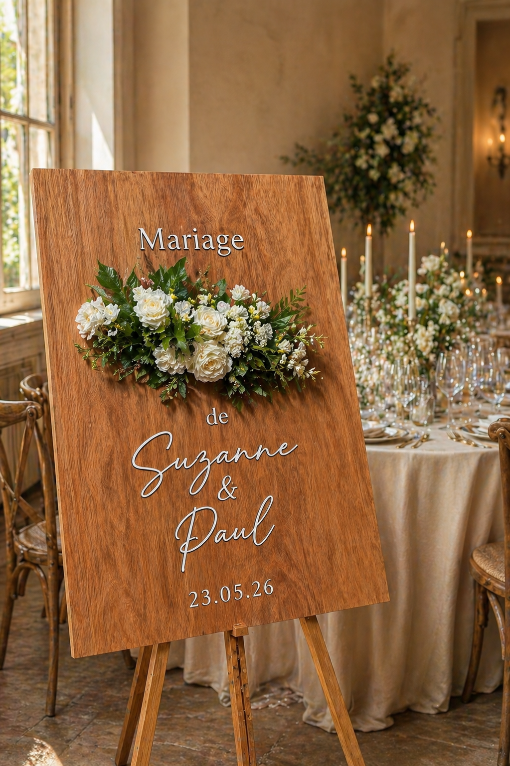 panneau de bienvenue de mariage en bois pour accueillir les invités avec fleurs fraîches et mentionnés personnalisées "Mariage de Suzanne & Paul" "23.05.26", le panneau repose sur un support en bois et est placé dans la salle de réception d'un mariage, on aperçoit en arrière plan une table dressée et fleuris décorée de bougeoirs