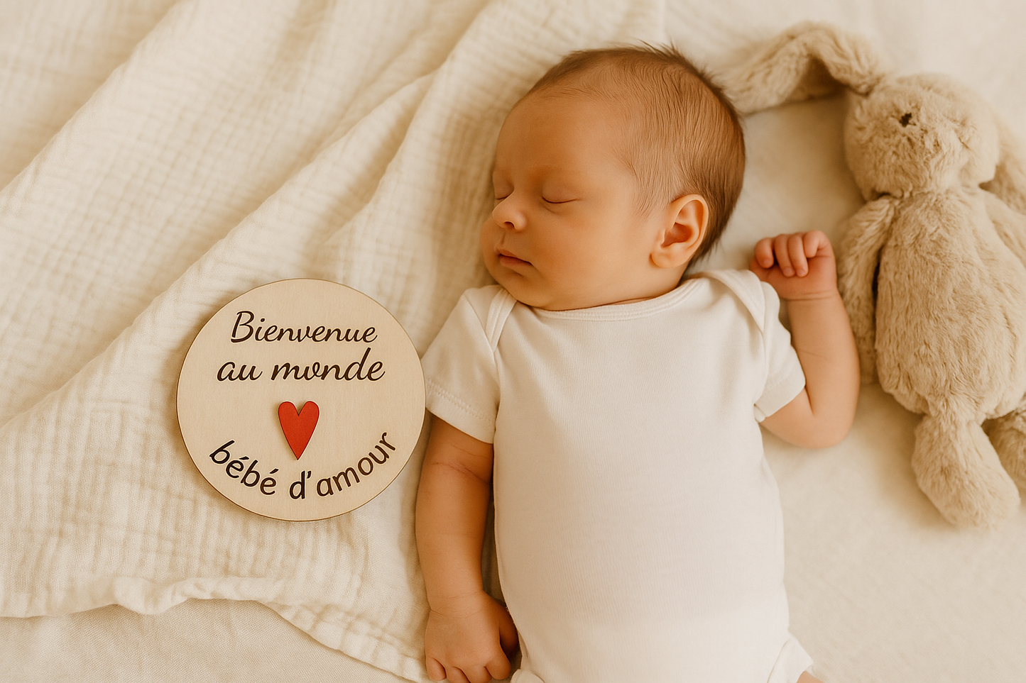 une carte annonce naissance en bois posé à côté du nouveau né et de son Doudou, sur un lange blanc; un coeur rouge est fixée sur la plaque ronde