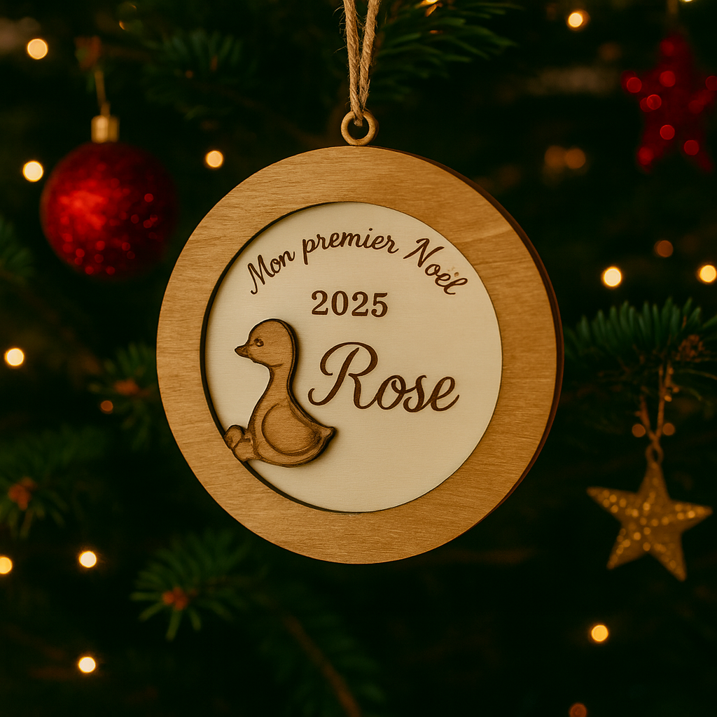 suspension ronde en bois en 3 dimensions : gravé "mon premier noël" puis "2025" et enfin le prénom de l'enfant "Rose" et détail d'un petit caneton vernis 