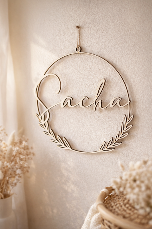 Couronne prénom en bois personnalisée de 20 cm, avec prénom découpé et motif feuillage ou floral, décoration murale bébé en bois naturel vue de face