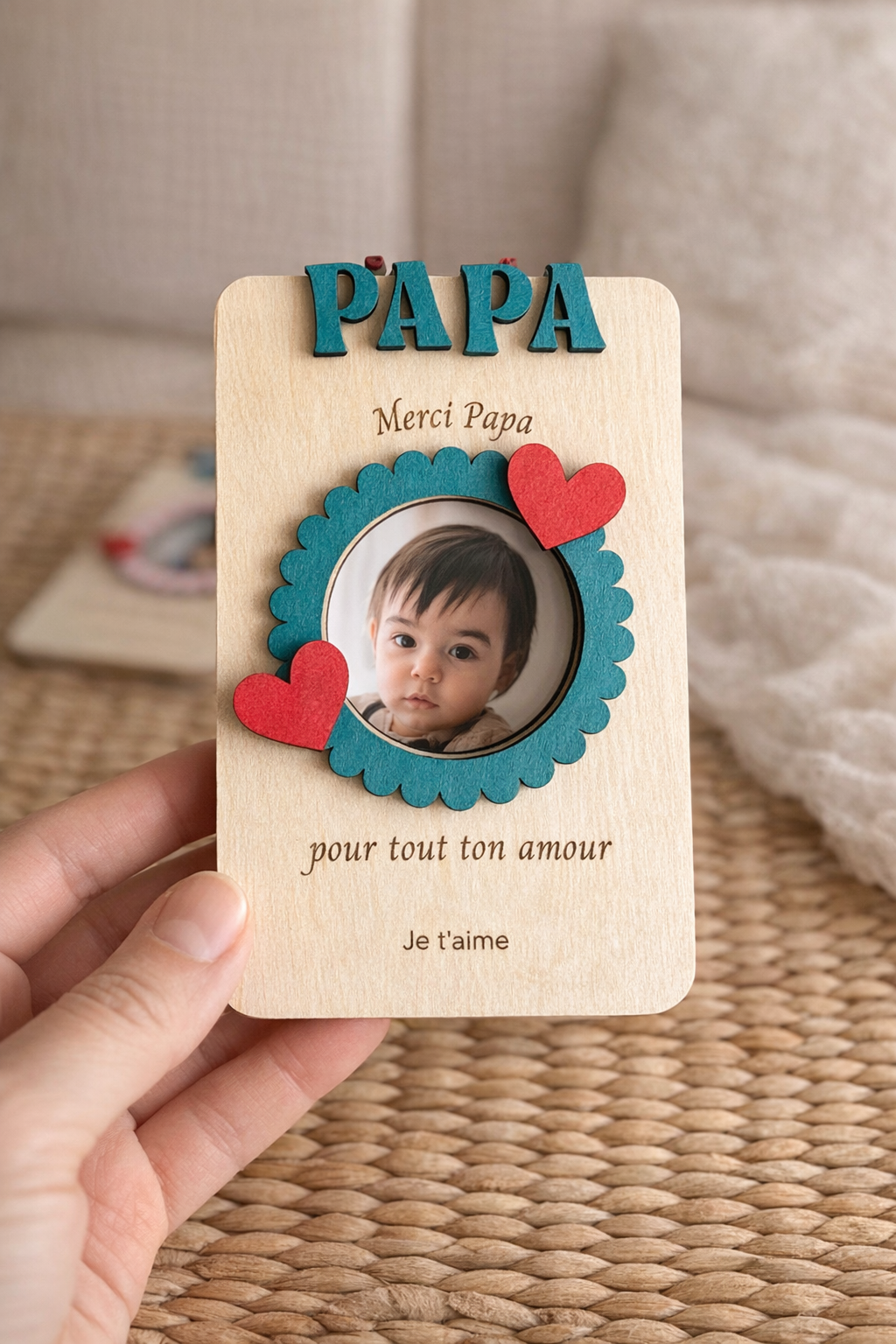 Cadre photo personnalisé en bois pour papa avec prénom, message gravé et photo, cadeau unique et souvenir familial