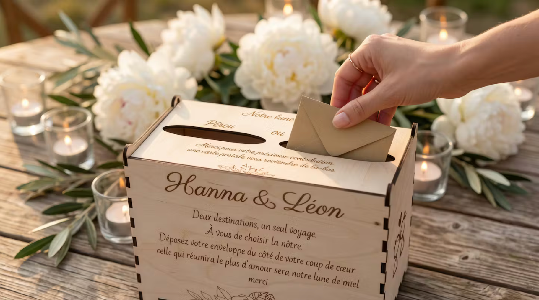 urne en bois personnalisée pour le mariage d'Hanna & Léon avec un message personnalisé gravé dessus "deux destinations, un seul voyage. a vous de choisir la nôtre. déposez votre enveloppe du côté de votre coup de coeur, celle qui réunira le plus d'amour sera notre lune de miel. merci", urne posée sur une table ronde style palette, décorée d'eucalyptus et de fleurs blanches et de bougies. la table est en extérieur. une main féminine dépose une enveloppe dans une des entrées. 