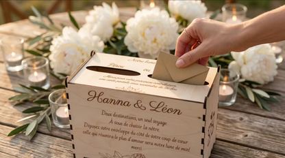 urne en bois personnalisée pour le mariage d'Hanna & Léon avec un message personnalisé gravé dessus "deux destinations, un seul voyage. a vous de choisir la nôtre. déposez votre enveloppe du côté de votre coup de coeur, celle qui réunira le plus d'amour sera notre lune de miel. merci", urne posée sur une table ronde style palette, décorée d'eucalyptus et de fleurs blanches et de bougies. la table est en extérieur. une main féminine dépose une enveloppe dans une des entrées. 