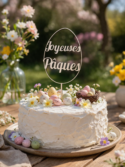 Cake topper en bois “Joyeuses Pâques” planté au centre d’un gâteau de Pâques blanc décoré de petits œufs pastel et de fleurs, posé sur une table en bois en extérieur dans un jardin printanier flou.