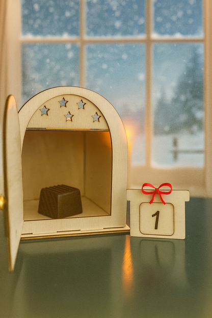 calendrier de l'avent en bois en forme de boîte qui représente l'atelier du père Noël 