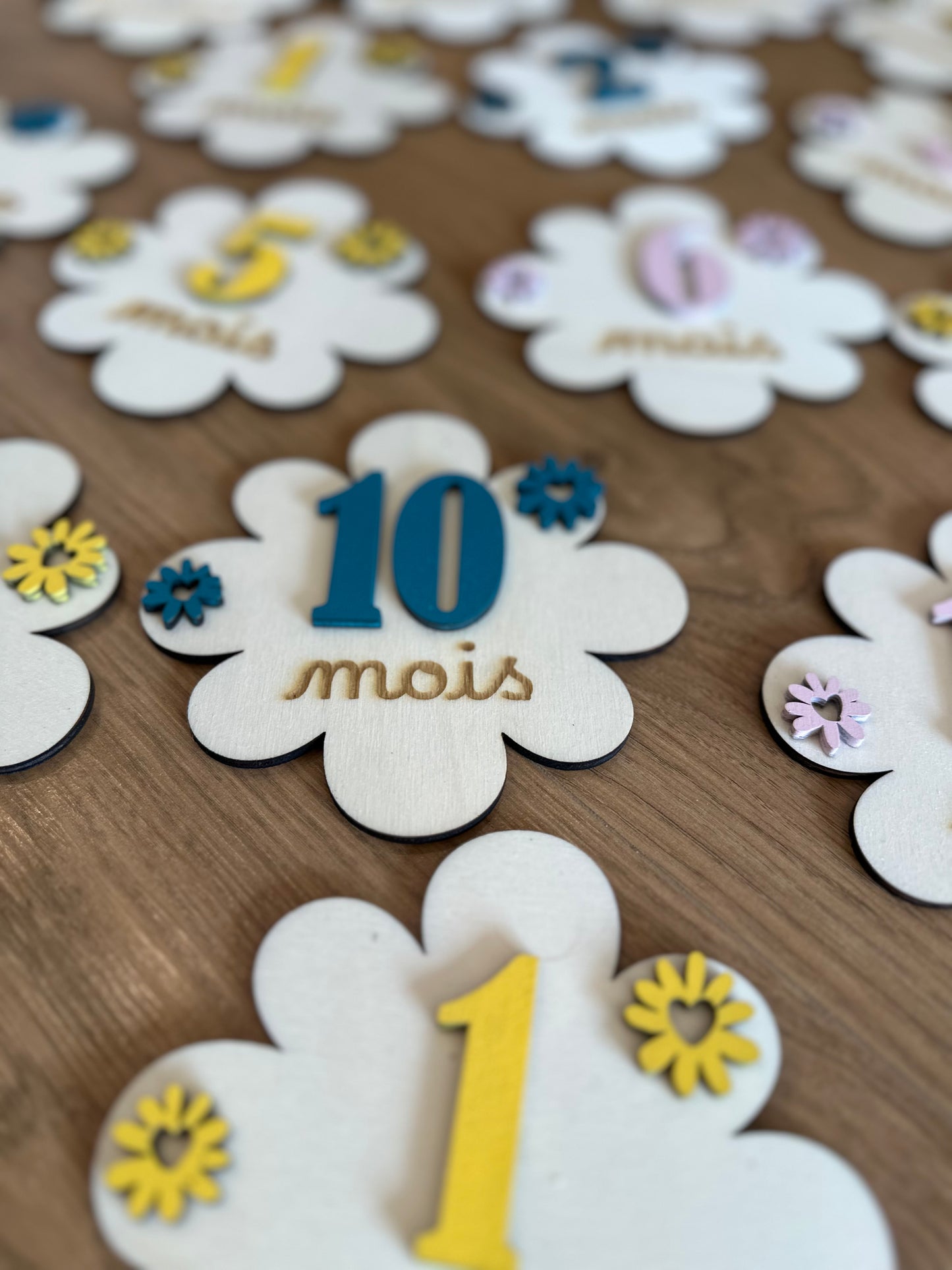 lot cartes étapes fleurs en 3 dimensions, et multicolores : 10 mois découpé, peint en bleu, collé sur une carte en bois en forme de fleurs