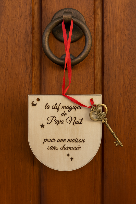 Clé magique du Père Noël en bois suspendue à une porte, avec ruban rouge et petite clé dorée pour les maisons sans cheminée.