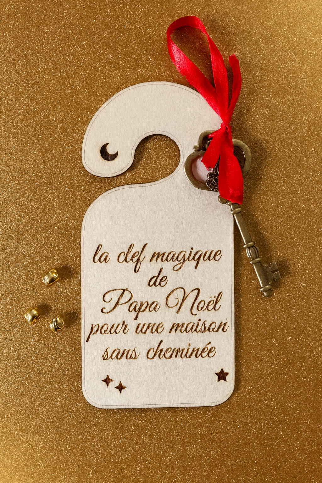Clé magique Père Noël en bois personnalisée, accessoire de Noël pour maison sans cheminée, déco ruban rouge