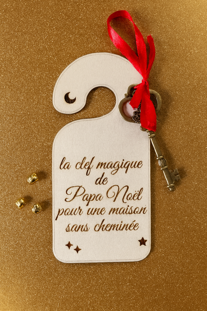 Clé magique Père Noël en bois personnalisée, accessoire de Noël pour maison sans cheminée, déco ruban rouge