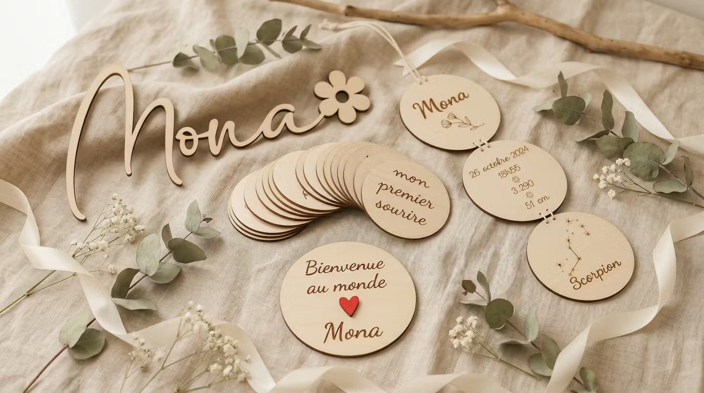 coffret de naissance personnalisé : prénom en bois avec fleur, lot de 34 cartes étapes, carte de bienvenue au monde personnalisée, suspension de naissance avec 3 disques avec les infos de naissance de bébé. Cadeaux de naissance en bois posés sur un linge en lin, avec des branches d'eucalyptus et des rubans