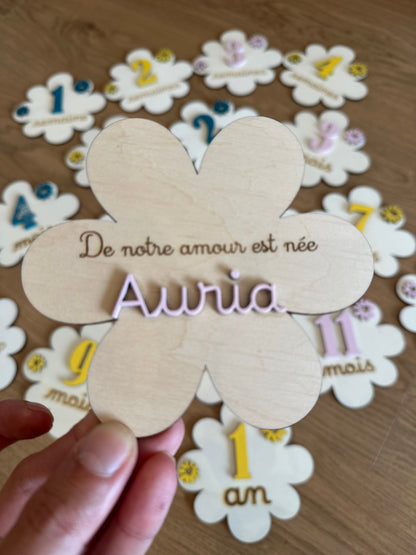lot de cartes étapes et annonce prénom et naissance "De notre amour est née Auria"